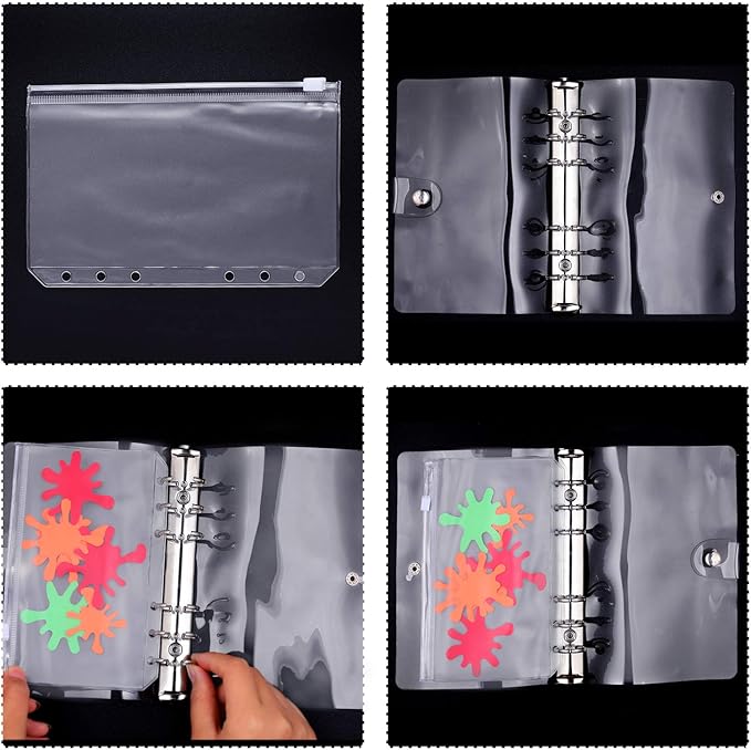 10 Pieces A6 Binder PVC Cover with 2 Pieces Clear PVC Zipper Binder Pockets, Waterproof 6-Ring Budget Binder Envelopes System Budget Planner Organizer for School Office
