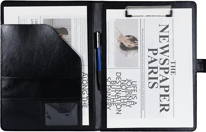 Clipboard Portfolio Meeting Record Manual Faux Leather Storage Clipboard with Cover for Size A4 Writing Pad,Phone Pocket & Business Card Holder, Used for Business Office,Meeting etc. (Black)