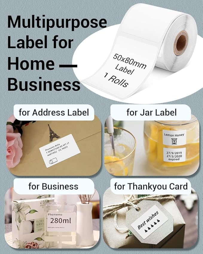 Phomemo Thermal Labels- Sticker Label for M110/M221/M220/M120/M200 Label Printer,1.97"x3.15"(50x80mm),100 Labels/Roll, Black on White