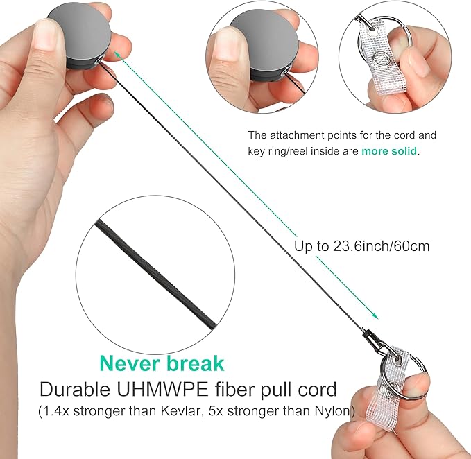 Will Well ID Badge Holder Reel with Clip and Keyring - Heavy-Duty All-Metal Casing with 24.4" UHMWPE Fiber Pull Cord for Easy Access, Holds up to 8 Keys - 2-Pack, Small Round, Glossy Black