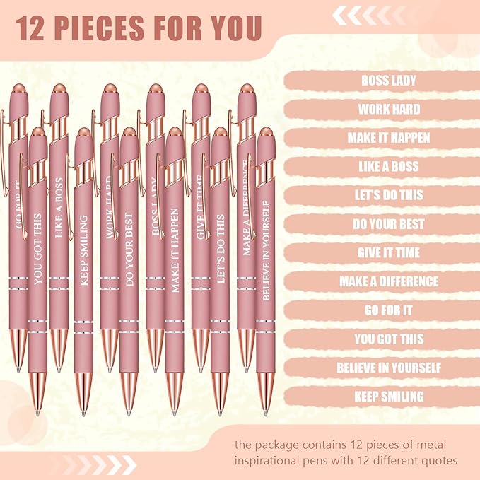 Zonon 12 Pieces Inspirational Pens Bulk Easter Basket Stuffers Motivational Quotes Ballpoint Pens with Stylus Tip Inspirational Gifts for School Office Teachers(Rose Gold,Boss Lady)