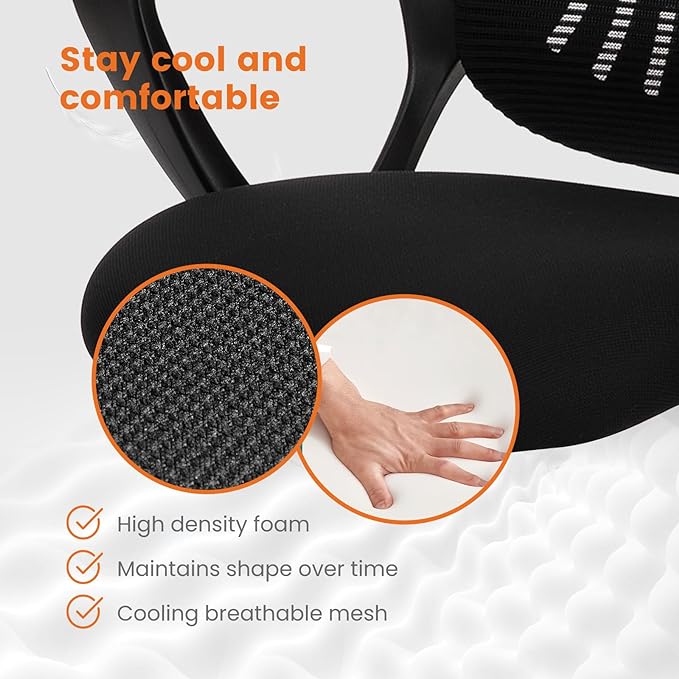 Sweetcrispy Office Computer Desk Managerial Executive Chair, Ergonomic Mid-Back Mesh Rolling Work Swivel Chairs with Wheels, Comfortable Lumbar Support, Comfy Arms for Home,Bedroom,Study,Student,Black