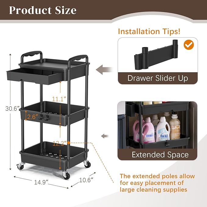 Rolling Utility Cart with Drawer 3 Tier, Utility Storage Organizer with Plastic Shelf & Lockable Wheels Multifunctional Storage Cart for Kitchen, Bathroom, Office, Living Room, Black