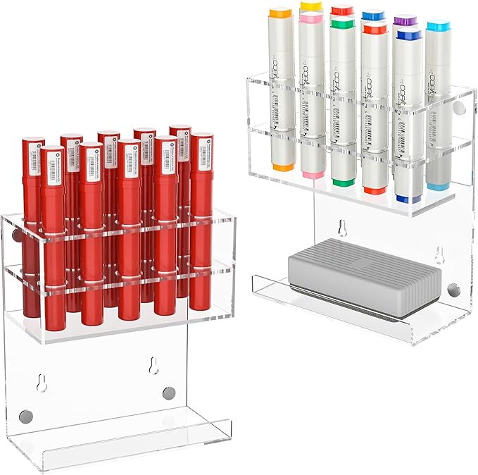 Acrylic Clear Magnetic Whiteboard Marker Holder,Wall Mounted Dry Erase Whiteboard Marker Holder Stand with 10 Marker Solts and Eraser Holder for School Office Home(Clear, 2)