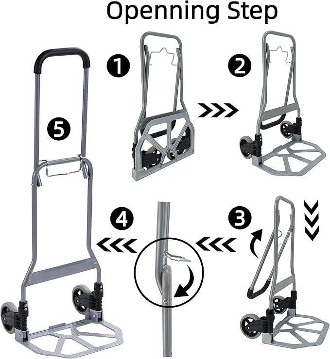 Folding Hand Truck, 165lbs Load Luggage Cart with Silent Wheel, Light Weight Portable Folding Dolly Multi-fuctional Foldable Hand Cart Heavy Duty Utility Cart for Home Office & Travel Use