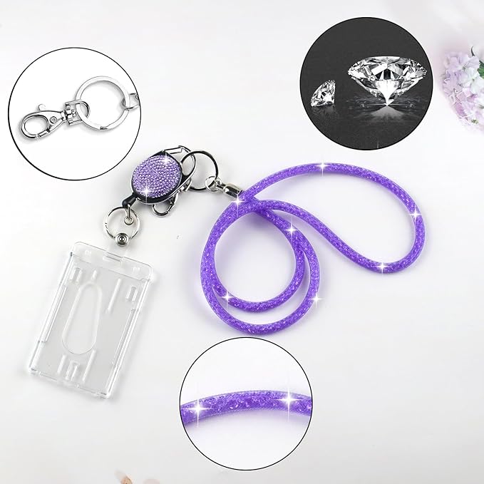 VIQWYIC Retractable ID Badge Holder with Clip, ID Name Badge Reels with Bling Rhinestones Retractable Card Holder for Office Worker Teacher Doctor Nurse (Purple)