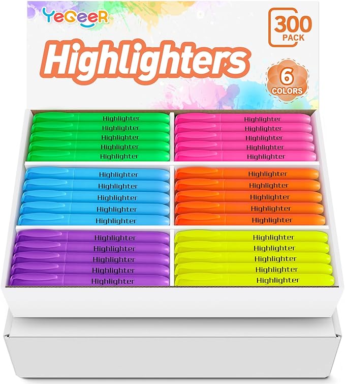 Highlighters, Chisel Tip Dry-Quickly Highlighter Markers, 300 Count-6 Assorted Colors Highlighters Bulk Pack for Adult Kids, Office Classroom Must Have, School Supplies for Teachers (2 Boxes of 150)