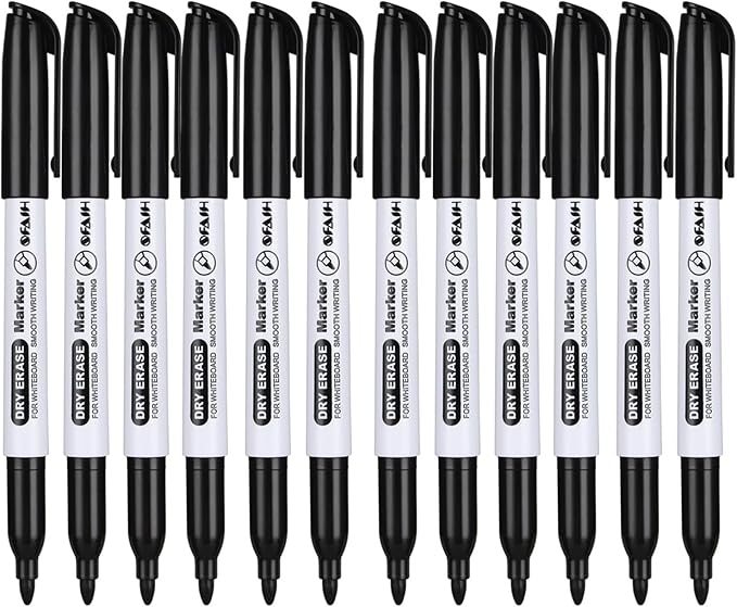 SFAIH Dry Erase Markers Fine Tip - 12 Pack Whiteboard Markers Dry Erase For Kids Adult Low Odor, Black Dry Erase Markers Fine Point For Home Classroom