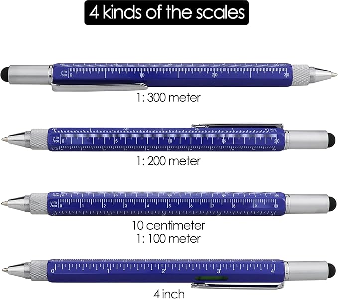 HeTaoCat Metal Multi tool Pen 6-in-1 Stylus Pen - With Screwdriver, Phillips Screwdriver, Flathead Bit Slotted Screwdriver, Ballpoint Pen Black ink, Stylus pen, Bubble Level and Ruler (Blue)