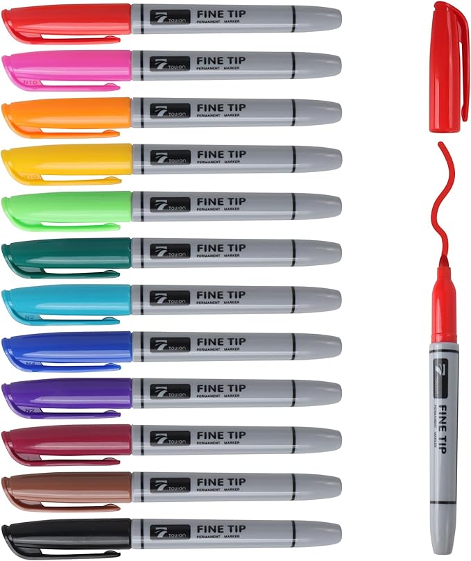 TOWON Permanent Markers 12 Assorted Colors - Waterproof Colored Fine Tip Pens Set, Home Office School Supplies for Kids, Adults Coloring