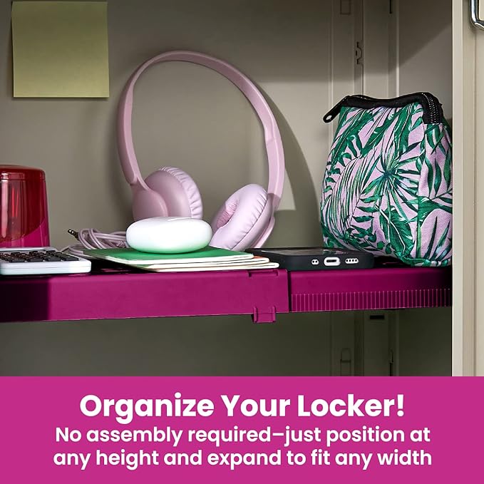 LockerMate Adjust-A-Shelf Locker Shelf, Extends to Fit Your Locker, Easy to Use, Perfect for School, Office, Gym, Pink