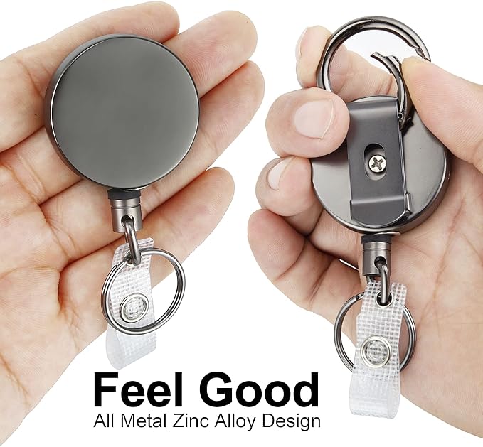 Will Well ID Badge Holder Reel with Clip and Keyring - Heavy-Duty All-Metal Casing with 27.5" UHMWPE Fiber Pull Cord for Durability and Easy Access, Holds up to 8 Keys - 2-Pack, Round, Glossy Silver