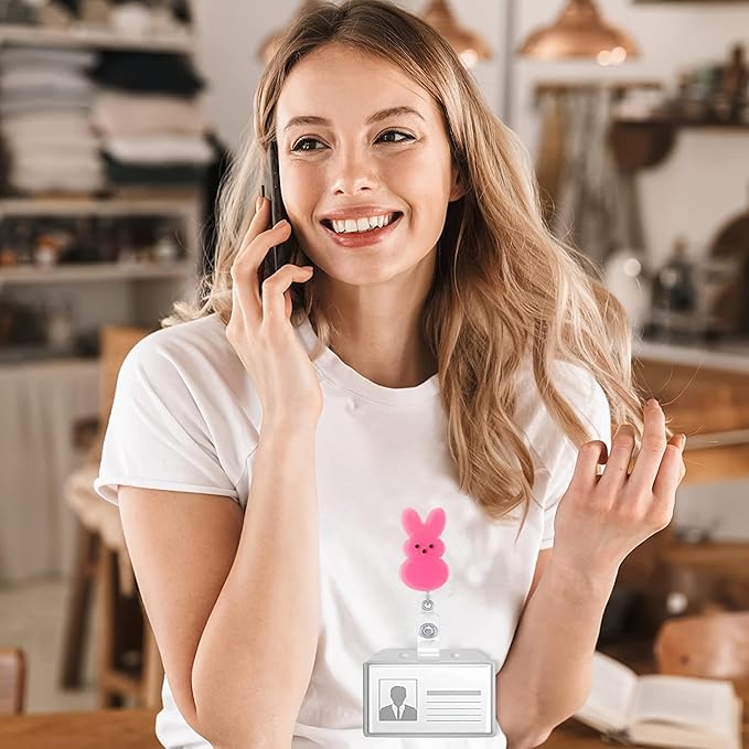 Easter Badge Reels Nurse Badge Reel,Funny Badge Reel,Cute Pink Bunny ID Name Badge Holder Full Cover Retractable Acrylic Clips for Office Teacher Student Nurse Doctor