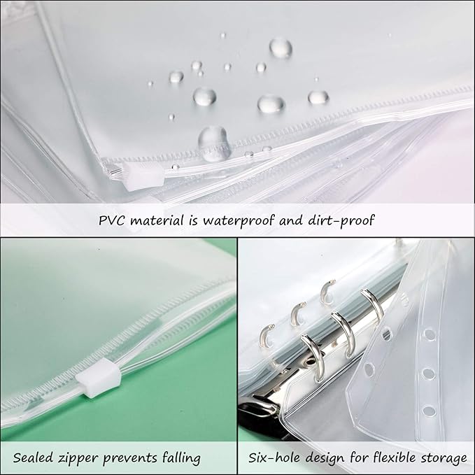 60 Packs A6 Size 6 Holes Binder Pockets Plastic Binder Zipper Folders Waterproof 6 Holes Zipper Loose Leaf Bags for Documents Notebooks Cards