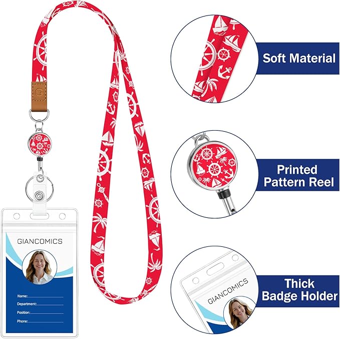 Giancomics Lanyards for Cruise Ships Cards Key, Lanyards with Retractable Badge Reel, Cute Waterproof ID Badge Holder Cruise Essentials Must Haves Zip Card Protector Red Blue 2 Pack