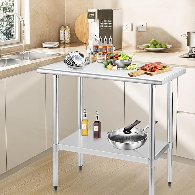 STABLEINK NSF Stainless Steel Table, 30 x 48 Inches Metal Prep & Work Table with Adjustable Undershelf, for Commercial Kitchen, Restaurant, Hotel and Garage
