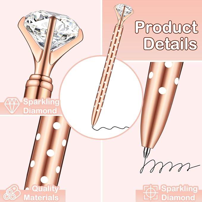 PASISIBICK 16 Pcs Rose gold Diamond Pens with Polka Dots - Bling Wedding Gifts for Women Bridesmaid Coworkers Metal Ballpoint Pens with Black Ink (Rose Gold with White Polka Dots)