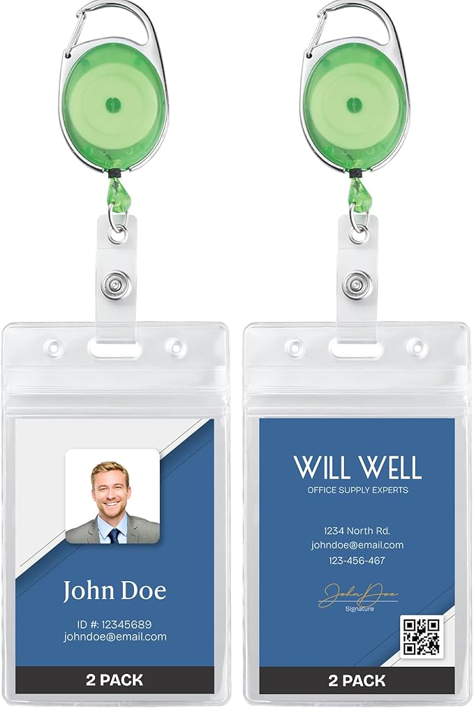 Will Well ID Badge Holders with Clip and Keyring - Vertical Clear Plastic 3.7" x 2.5" Sleeves Fit Up to 3 Cards - Retractable 24" UHMWPE Fiber Pull Cords - 2-Pack, Transparent Green Reels