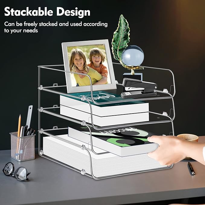 Stackable Paper Trays, 4 Tier Desktop File Organizer, Letter Tray for Office Supplies, Magazine