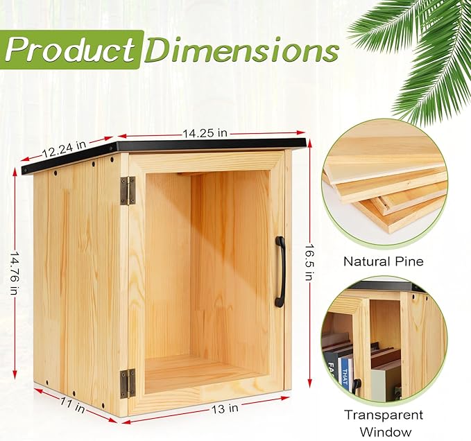 Outdoor Library Box Literature Exchange Box Outdoor Book Storage Little Wood Cabinet for DIY, Neighborhoods Community and Schools Sharing Books, Literature and Newspapers(13x11x16.5 Inch)