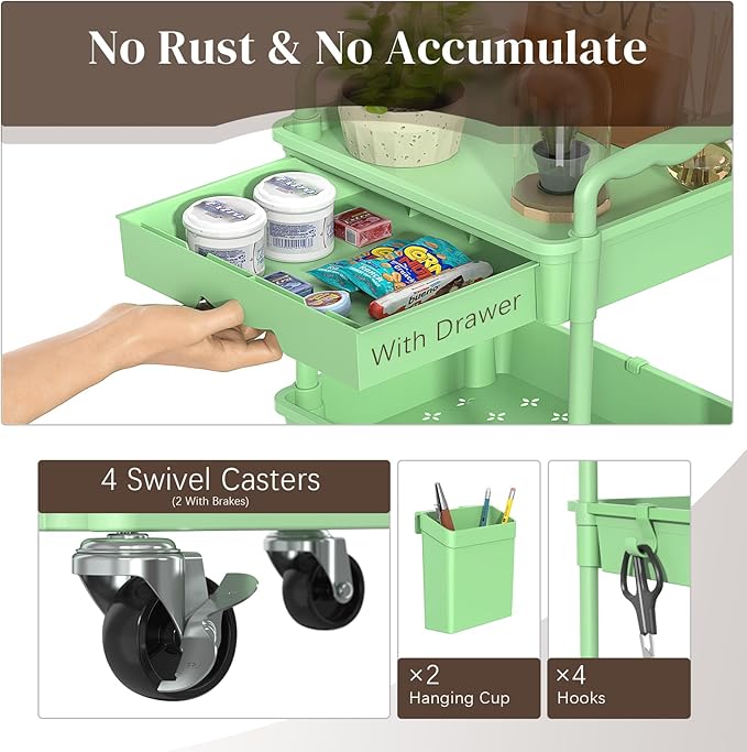 3 Tier Rolling Utility Cart with Drawer, Utility Storage Organizer with Plastic Shelf & Lockable Wheels Multifunctional Storage Cart for Kitchen, Bathroom, Office, Living Room, Green