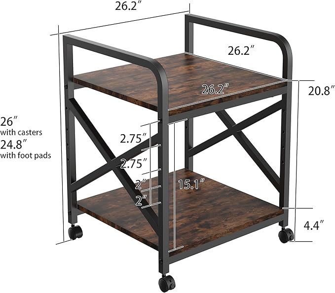 Ollieroo 2 Tier Printer Stand with Storage Shelf, Printer Table with Height Adjustable Top Shelf, Under Desk Storage Printer Cart for Paper Shredder Scanner, 3D Printer Stand for Home Office(Vintage)