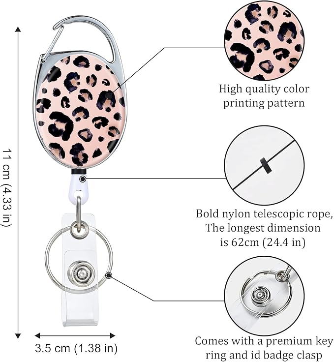 Badge Reels Retractable，Double Sided Color Print Pattern Retractable Badge Holders，with Retractable Keychain, Badge Clip and Key Ring，Durable Nylon Retractable Rope，Leopard Print