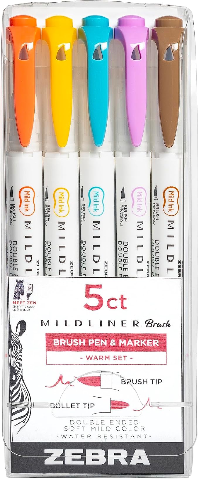 Zebra Pen Mildliner Brush Marker, Double Ended Brush and Fine Tip Pen, Assorted Warm Colors, 5 Pack