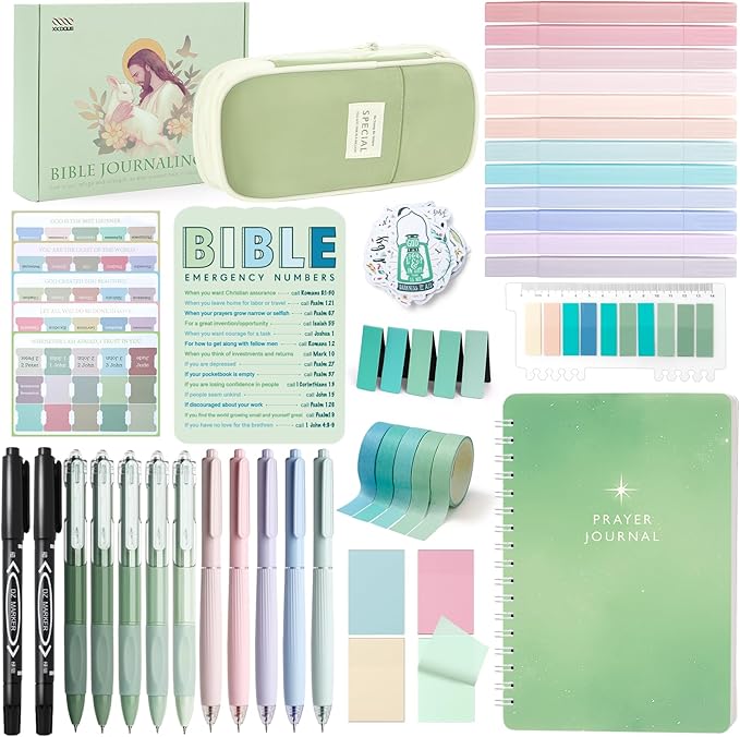 XKDOUS Bible Study Supplies Journaling Kit for Women, Bible Study Kit, Bible Study Tools with Prayer Journal Pencil Case Bible Accessories, Christian Gifts for Women, Green