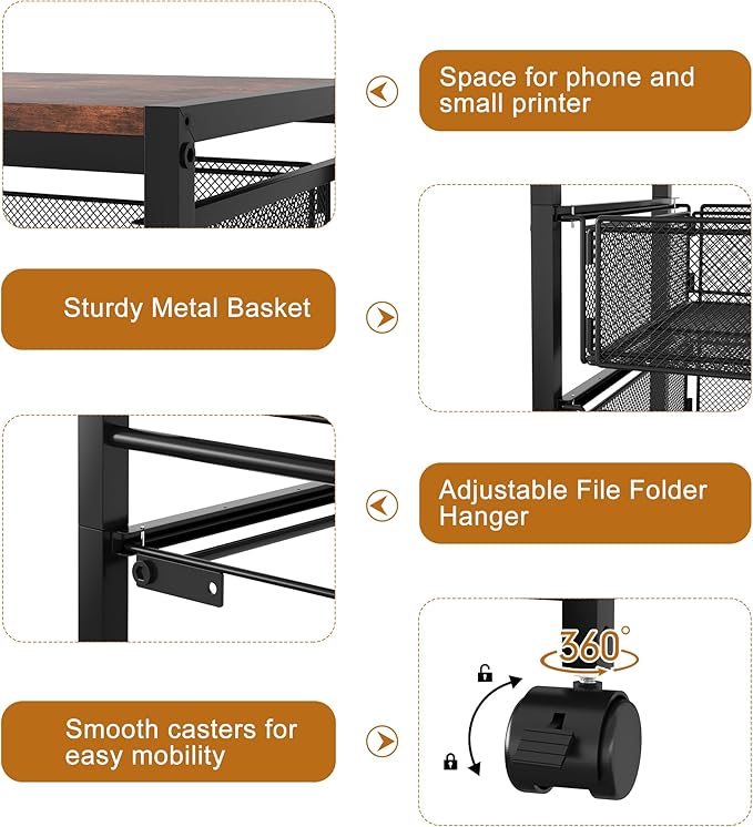 EasyPAG Rolling File Cart with Wheels Letter & Legal Size Hanging File Folder Rack Mobile File Folder Rack with Pull-Out Drawer for Home Office, Black