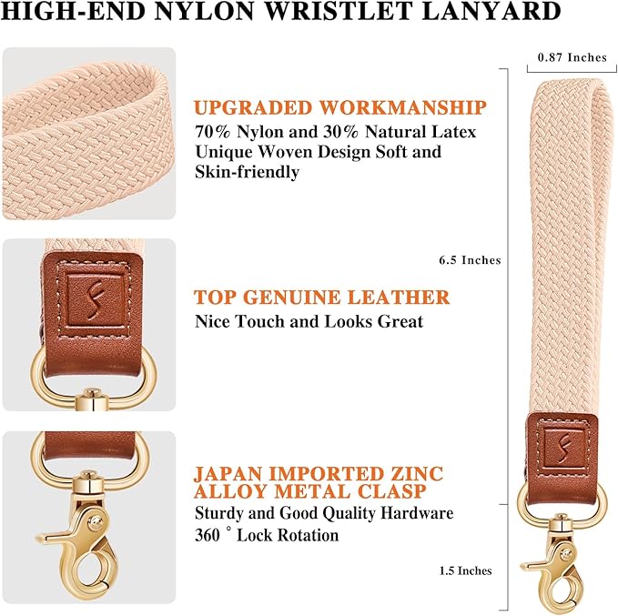 Fishent Stretchy Wristlet Keychain,Braided Cute Wrist Lanyards for Keys, Key Chain Holder for Women Men, Wrist Strap Keychain for Car Keys Phone Camera Wallet ID Badges Card (Pink Sands)