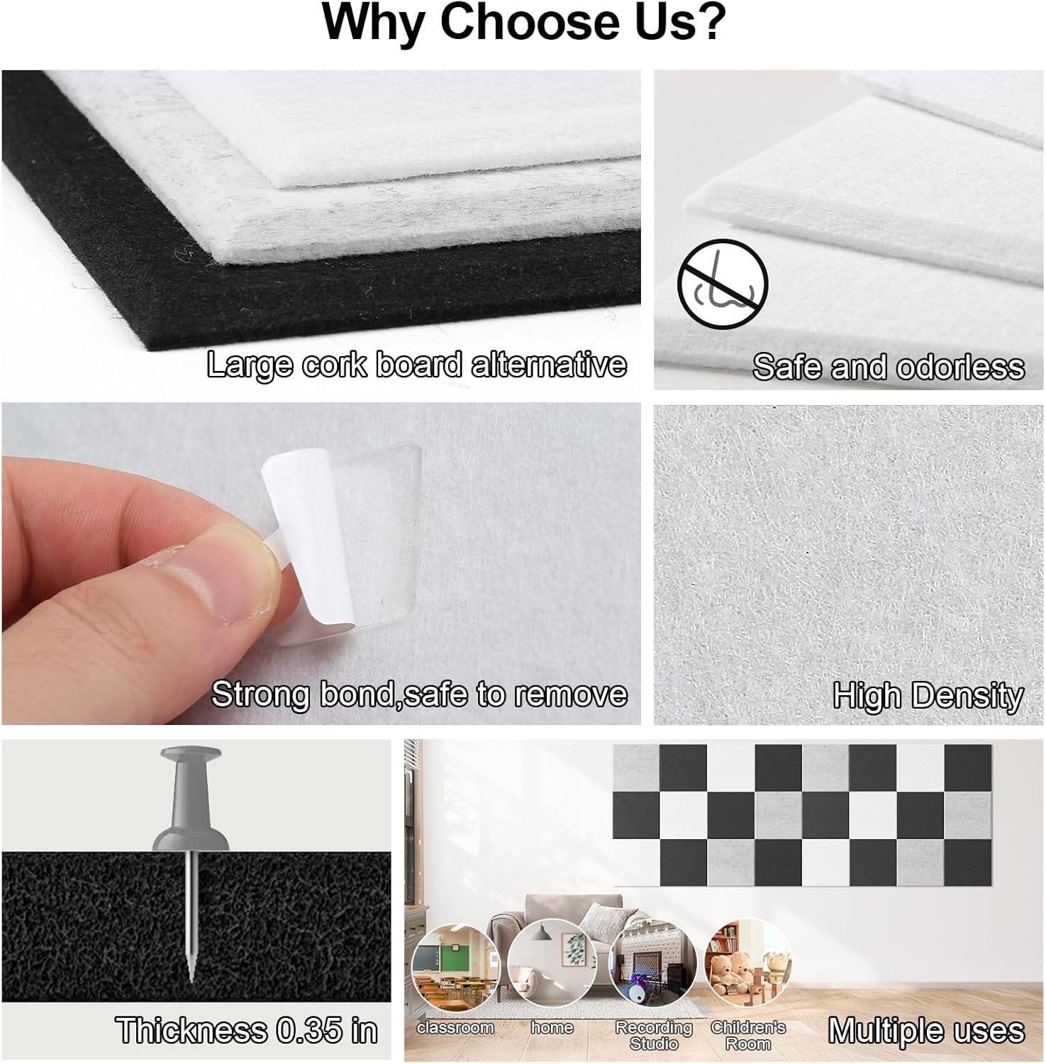 Large Cork Board for Walls 47" x 35" 12 Pack Black Bulletin Boards Felt Wall Tiles with Safe Removable Adhesive Corkboards for Office Home,White