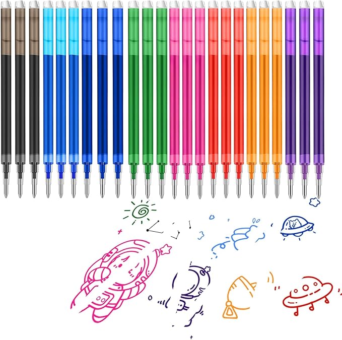 0.7 mm Erasable Gel Ink Pen Refills Compatible with Frixion Friction, 8 Colors Multicolor Retractable Fine Point Pen Refill (Blue,Black,Red,Green,Orange,Lake Blue,Purple,Rose Red) (8Color, 24)