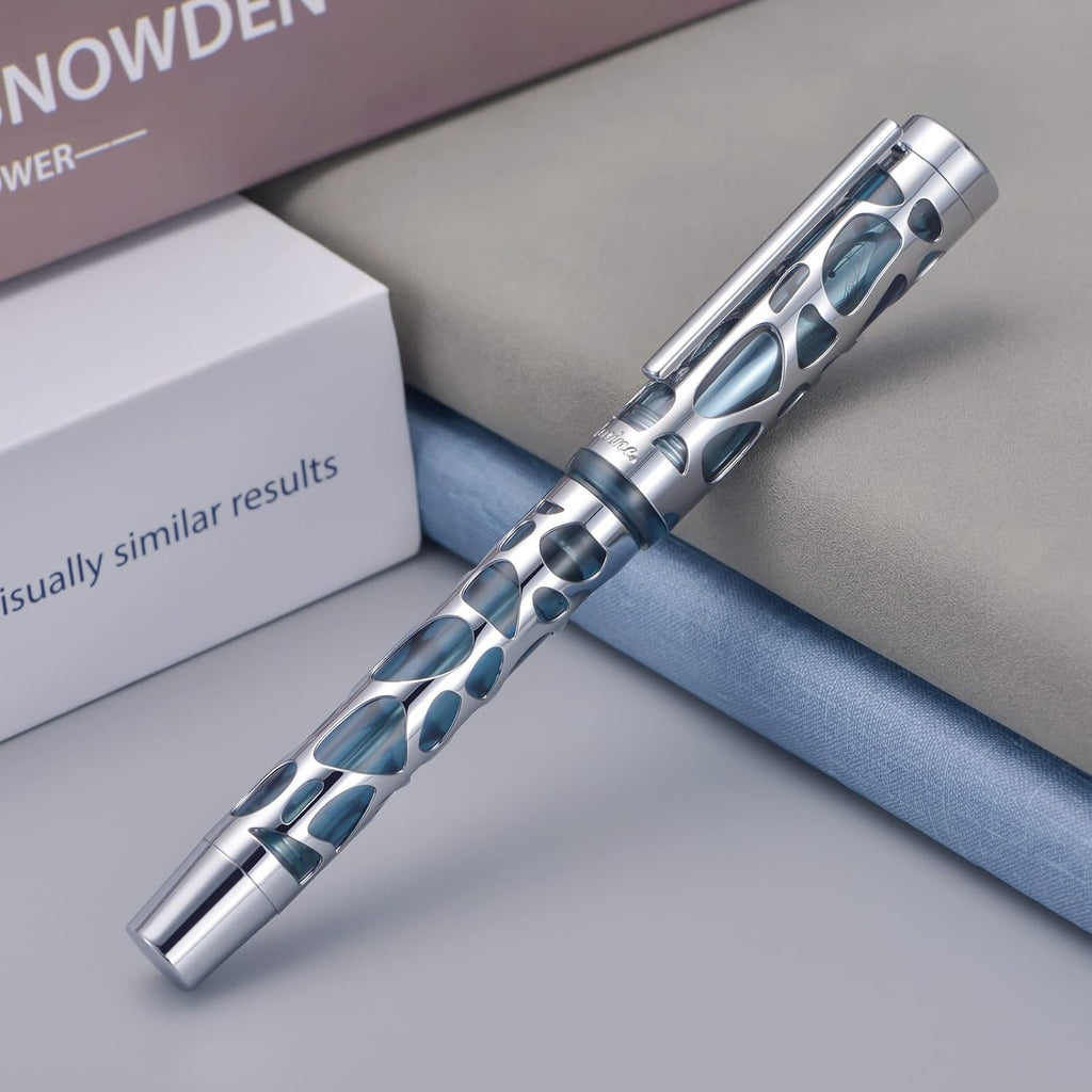 Asvine V169 Vacuum Filling Fountain Pen Extra Fine Nib, Water Drop Skeleton Transparent Gray Blue Acrylic Pen Case Set