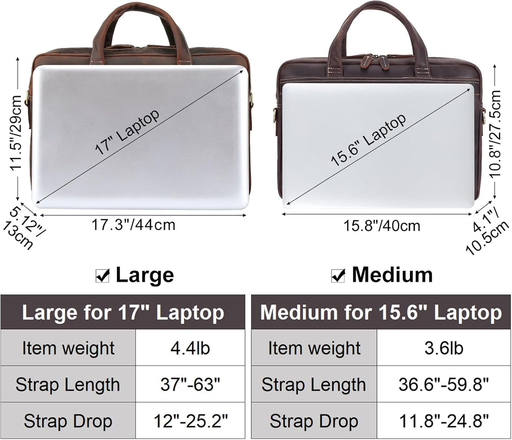 Masa Kawa Leather Briefcase for Men 15.6" - 17" Laptop Computer Case Business Travel Work Messenger Cross Body Shoulder Bag