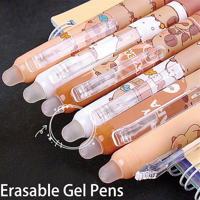 6 Pcs Erasable Gel Pens Capybara Erasable Retractable Cute Pens Cartoon Pens 0.5mm Black Ink Pen Office School Pens Women Girls Boys Pens (Black Ink-Capybara)