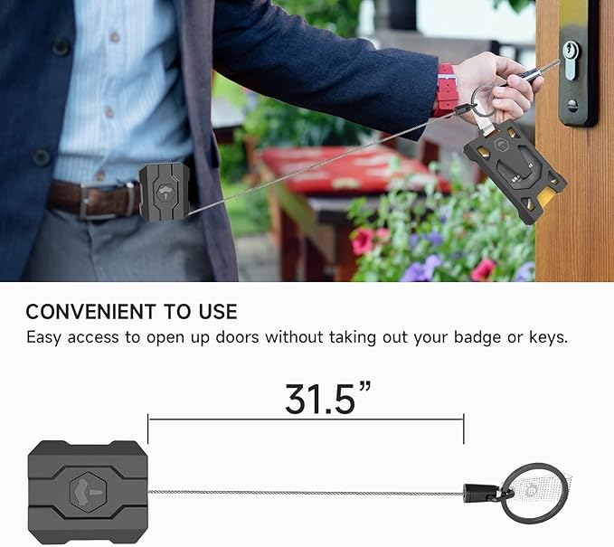 Retractable Keychain Badge Holder with Belt Clip, Heavy Duty Carabiner ID Badge Clip Reel, 31.5” Steel Retractable Cord, 10 oz Rebound，Black-1 Pack (with 1 Badge Clip)