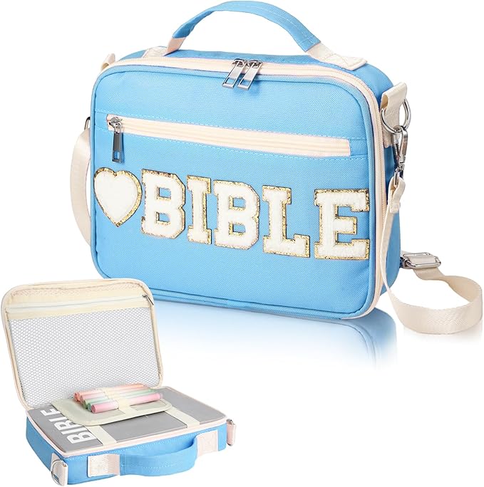 Silkfly Large Chenille Letter Bible Cover for Women Preppy Patch Bible Case Church Bible Bag with Handle(Blue)