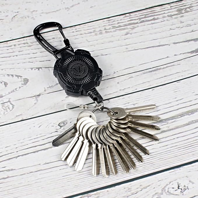 VIQWYIC 1 Pack Retractable Badge Holder Keychain, Tactical ID Card Holder, Heavy Duty Carabiner Badge Reel with Key Ring for Keys ID Card (Black)