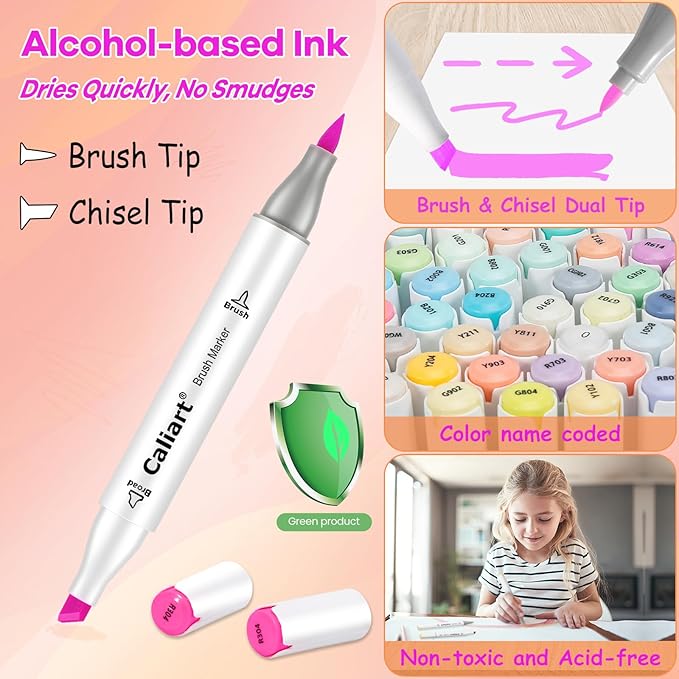 Caliart 61 Colors Pastel Alcohol Markers, Brush & Chisel Dual Tip Markers for Adult Coloring Book, Sketch Pens Permanent Art Markers Set for Easter Eggs Decorations Stuffers Drawing Supplies Gift
