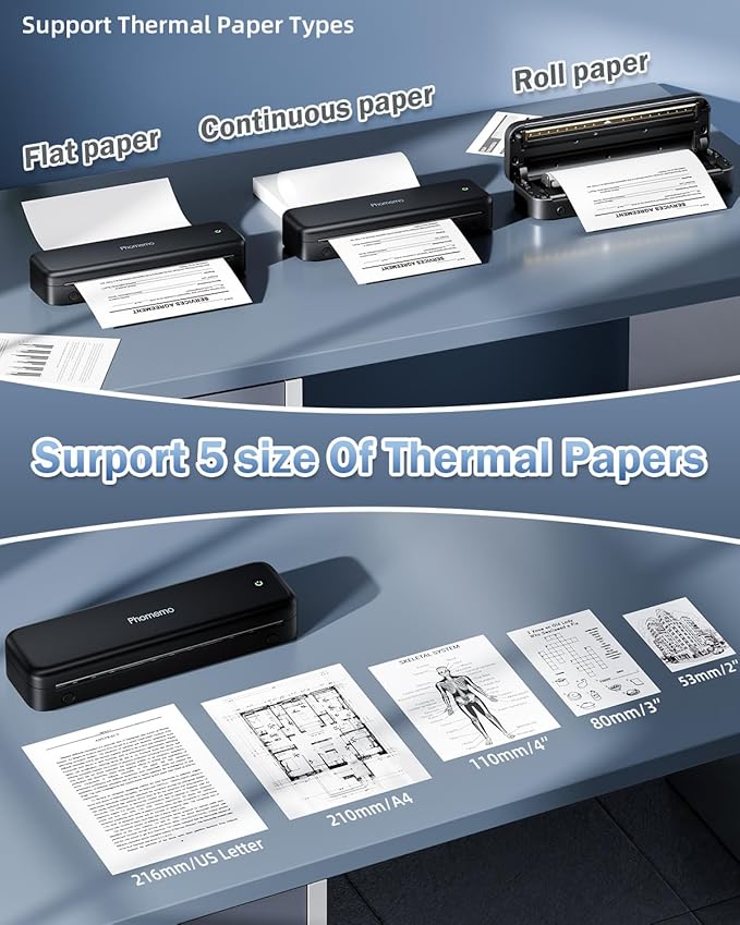 Phomemo M834 Ultra Portable Printer Wireless for Travel, Bluetooth Thermal Printer 8.5" x 11"&A4, Compatible with iOS,Android & PC,Inkless Mobile Printer for Travel,Office,School,Home,Black