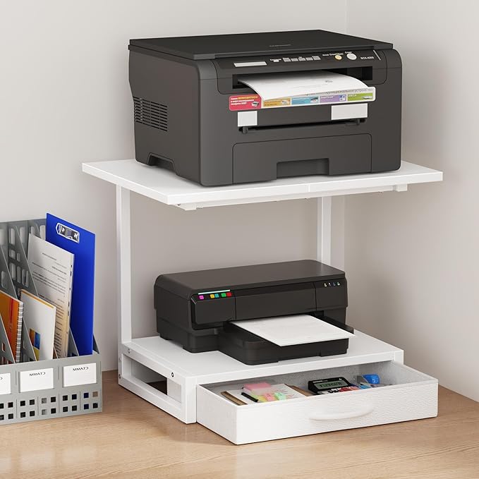 2-Tier Desktop Printer Stand with Fabric Drawer, Prtiner Table with Storage Shelf, Desk Organizer for Home Office,3D Printer,Fax Machine,Scanner, 19.6"x14.9" White