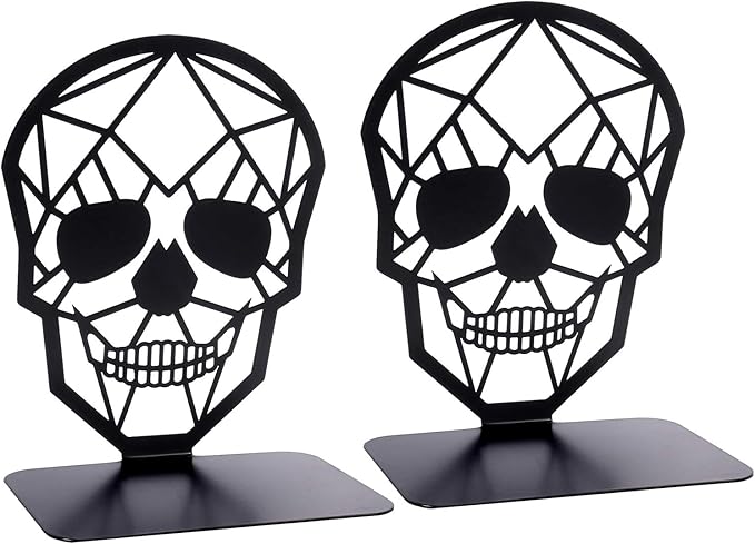 Metal Skull Design Black Bookend - Heavy-Duty Bookends for Shelves, Skull Book Ends for Heavy Books, Book Shelf Holder Home Office Decorative Desktop Organizer (1 Pair)