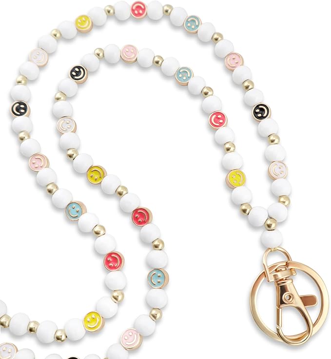 Smile Teacher Lanyard for Women ID Badges and Keychain Cute Happy Wood and Metal Beaded Lanyard Badge Holder