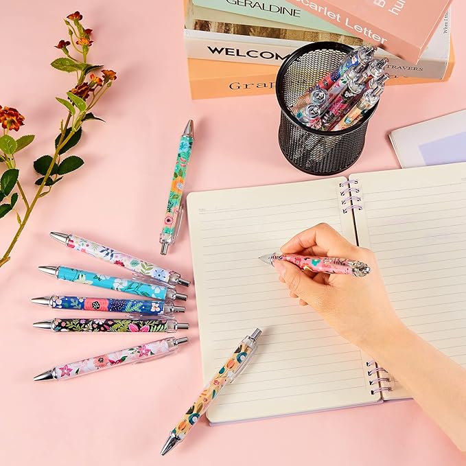 Ireer 8 Pcs Ballpoint Pens for Women 1.00 mm Cute Black Ink Fancy Pens Fine Point Smooth Writing for Journaling Aesthetic Office Supplies(Flower)