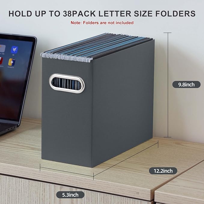Oterri File Organizer, Small Storage Box, Cardboard File Folder Organizer, Collapsible File Box, Hanging File Organizer for Letter Size, Portable File Box with Handle, Only Box (Dark Grey,4 Packs)