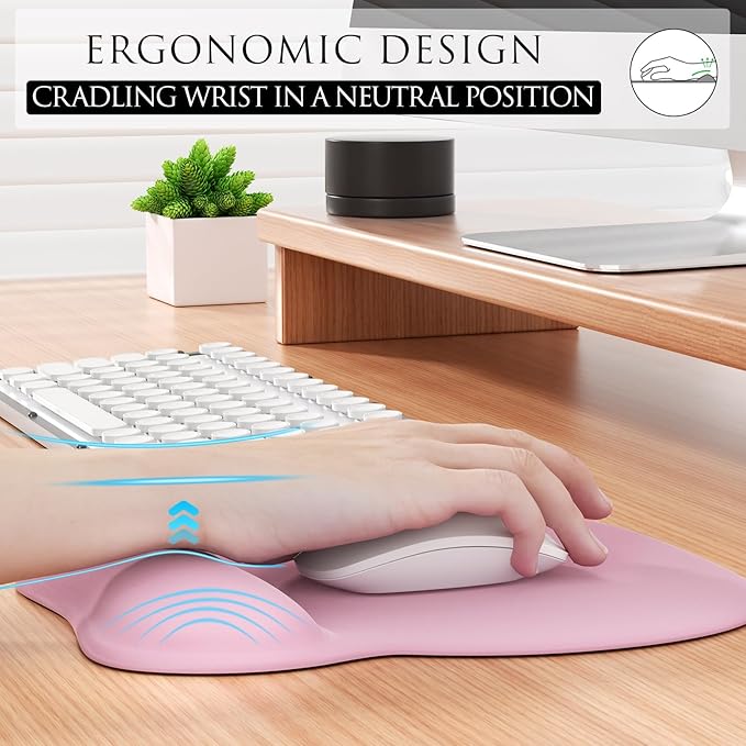 MROCO Ergonomic Mouse Pad with Gel Wrist Rest, Comfortable Mousepad with Smooth Wrist Support Surface and Non-Slip PU Base for Pain Relief, Computer, Laptop, Office & Home, 9.4 x 8.1 in, Pale Pink