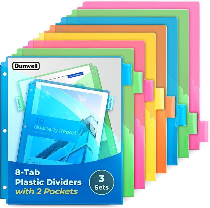 Dunwell 2-Pocket 8-Tab Divider Pockets, (3 Sets, 24 Count), 5 Colors, Plastic 8 Subject Notebook Tab Dividers for 3-Ring Binders, Includes Label Inserts, Durable Acid-Free Poly