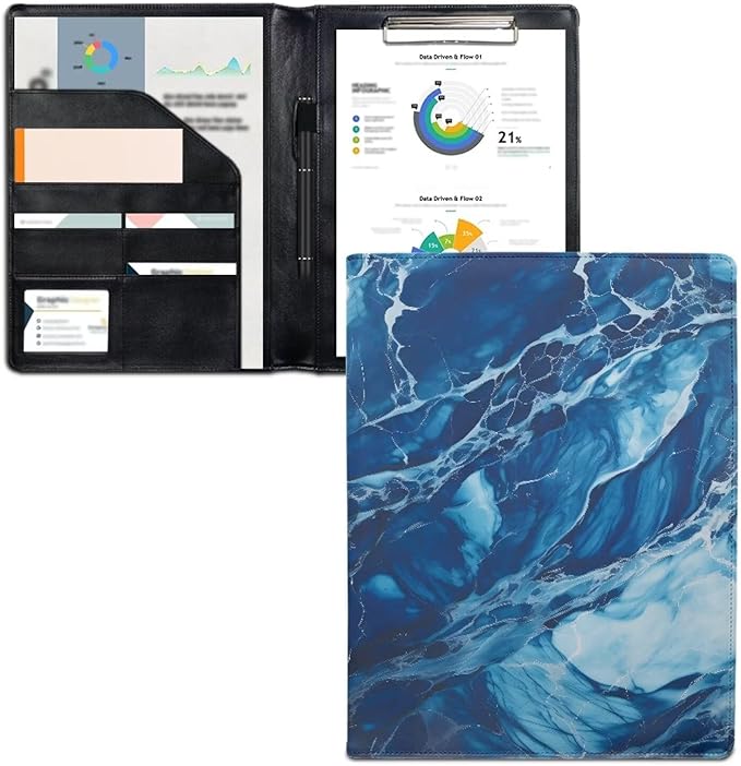 Cozeyat Blue Ocean Padfolio with Clipboard for Women Folders for School Aesthetic Portfolio Binder Organizer, A4 Business Interview Resume Folder