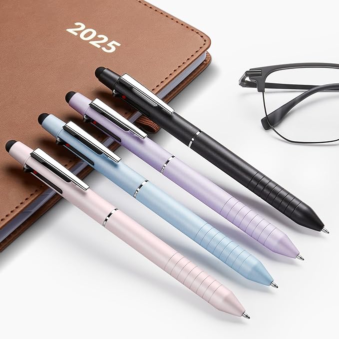 Sooez Multicolor Pen in One, Sleek Metallic 4 Color Ballpoint Pens, Medium Point (1.0mm), Retractable Ball Pen with Stylus Tip, Journaling Planner Pens for Nursing School Office Supplies, 3 Pack